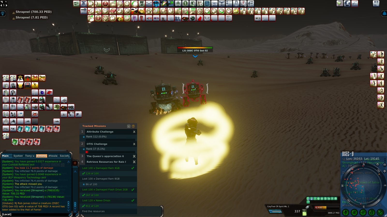 A player in a sandy desert facing a DSEC OTIS Gen 02 creature, flanked by two robotic vehicles. The game's user interface shows mission details and inventory items.