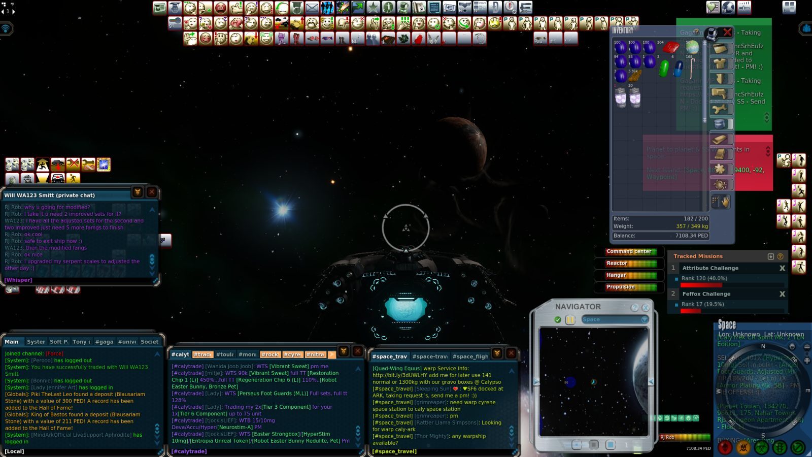 A spacecraft in deep space with a distant planet and stars. The interface shows inventory, mission tracking, and chat messages, highlighted by blue lighting.