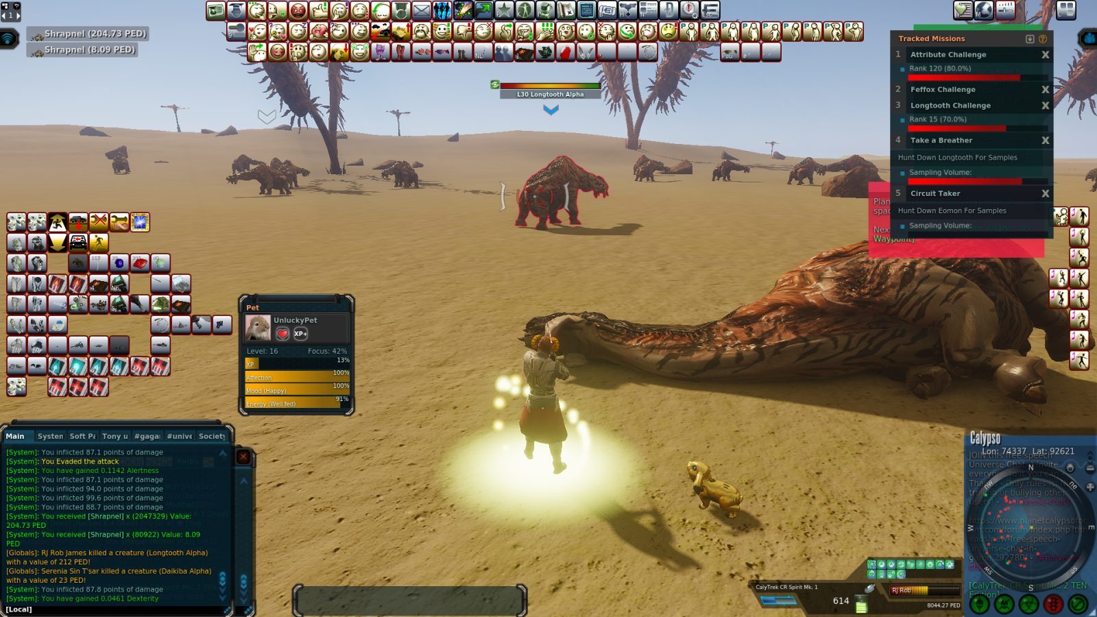 A player avatar stands in a sandy desert next to a large dead creature, with a small pet companion nearby. Longtooth Alpha creatures are visible in the background, and the user interface shows mission details and inventory items.
