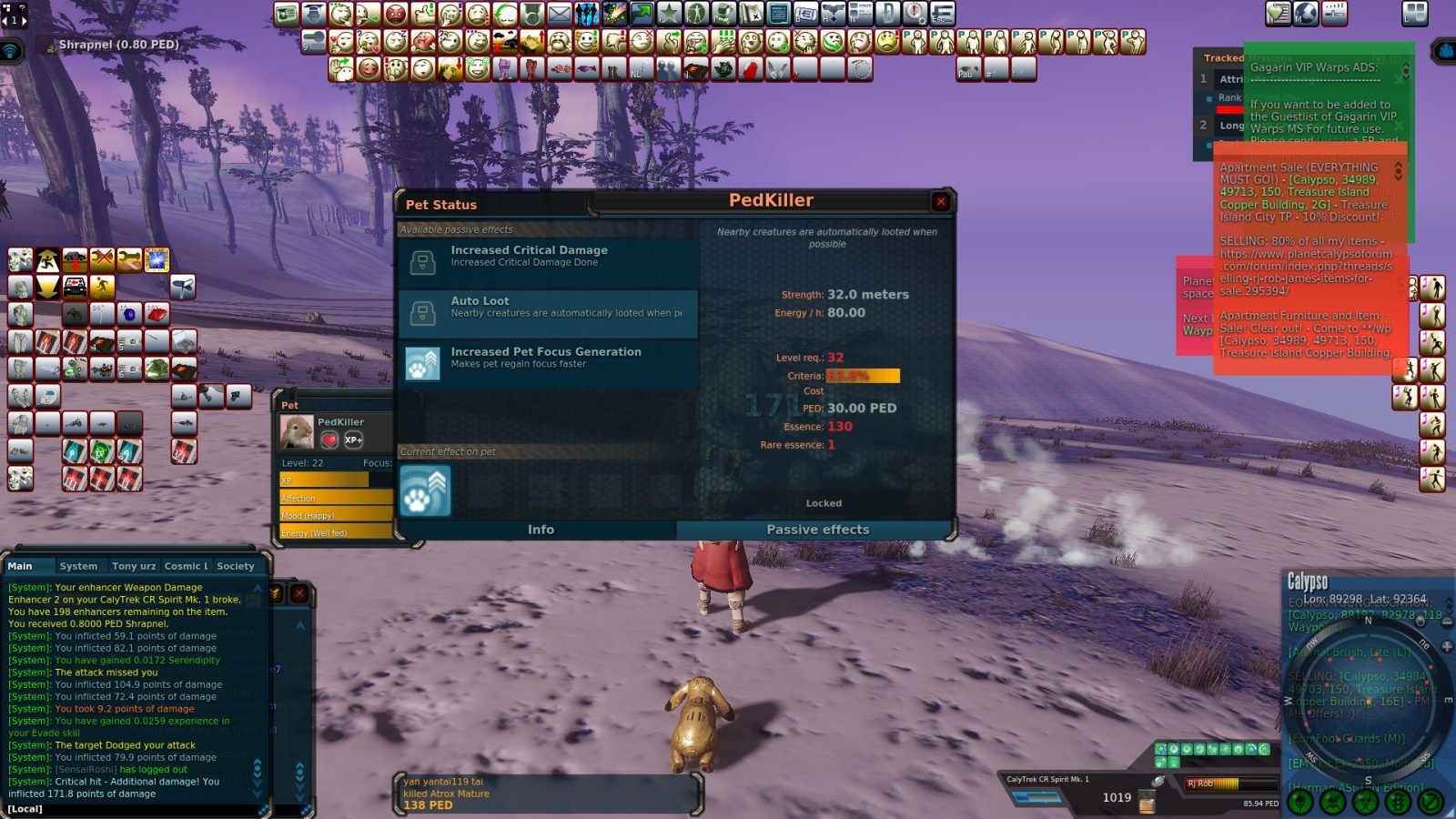 An avatar in a red coat walks with a golden pet named PedKiller in a snowy landscape. The user interface shows pet status details, including effects and energy levels, with additional chat messages and HUD elements visible.