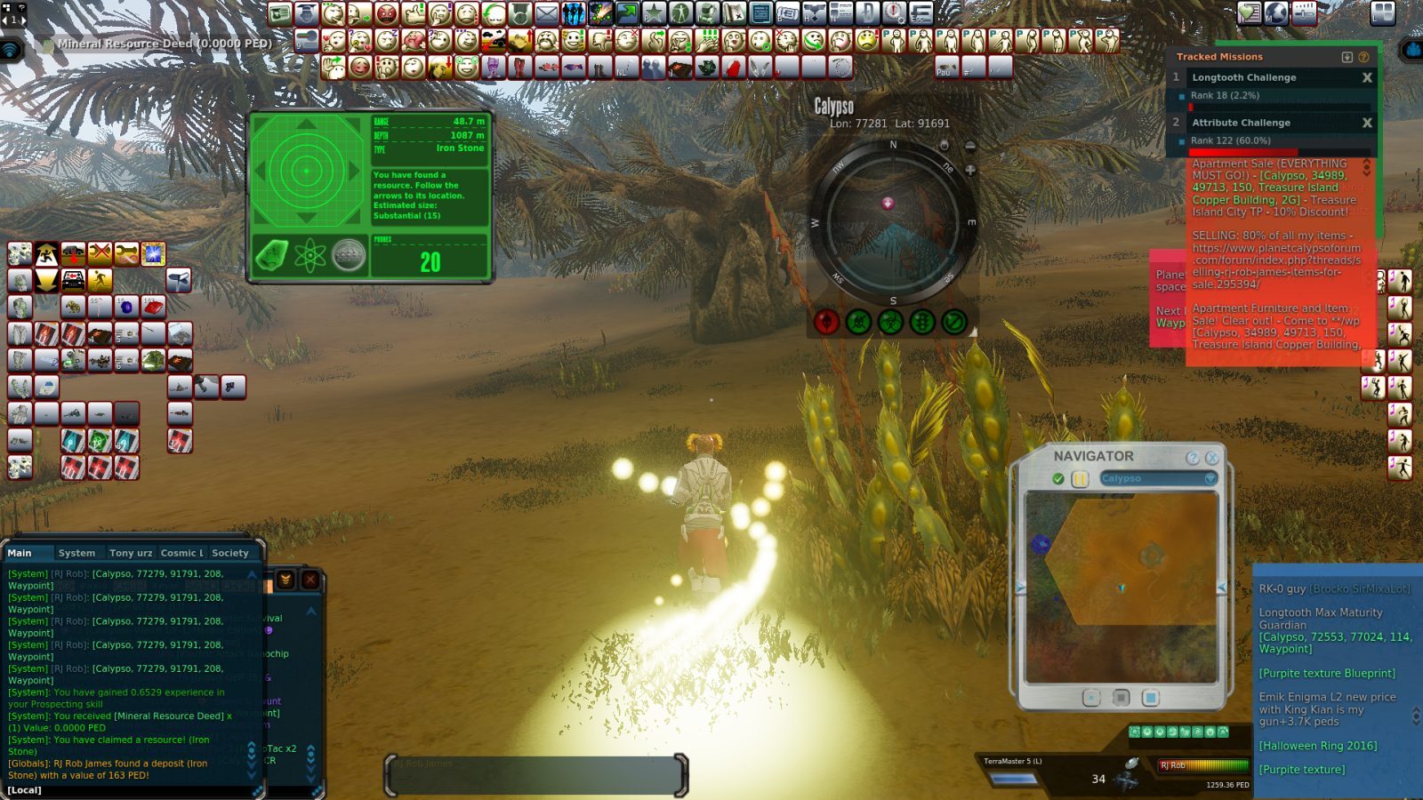 A player character in a mining environment on Calypso, surrounded by plants, with a glowing trail behind them. The UI shows resource information and chat messages about mining.