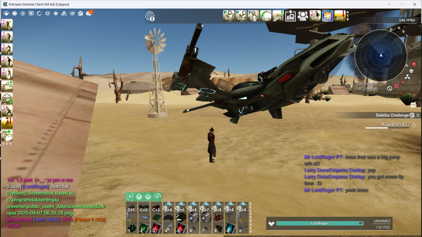 An avatar in dark clothing stands in a desert next to a futuristic vehicle. A windmill is in the background, and the user interface shows gameplay elements and chat messages.