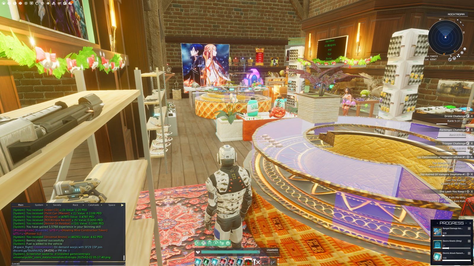 A futuristic avatar in armor stands in a colorful marketplace filled with various stalls, decorations, and a large circular display. Shelves contain weapons, and a vibrant backdrop features animated characters.