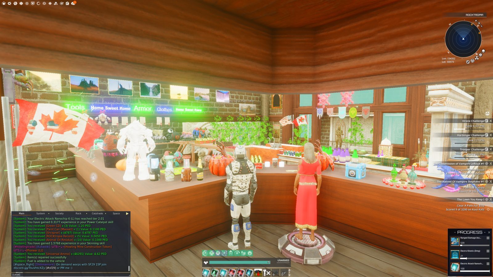 A shop interior with a Canadian flag and colorful decorations. Two avatars are visible: one in a futuristic suit and another in a red dress, standing by a wooden counter filled with drinks and items. The user interface shows system messages and progress d