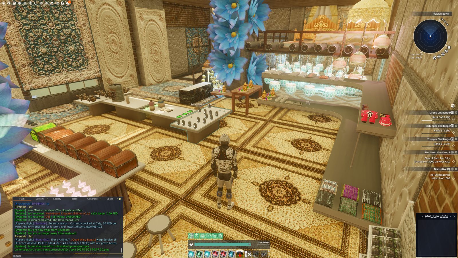 A shop interior in Entropia Universe, featuring decorative carpets, an avatar, and various colorful items on display.