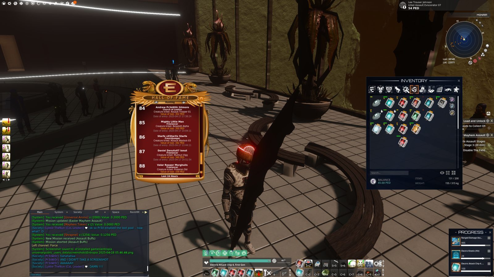 A player avatar in a Hall of Fame area, holding a black weapon. The UI displays a list of top hunters. Other avatars are seen in the background, with decorative plants present.