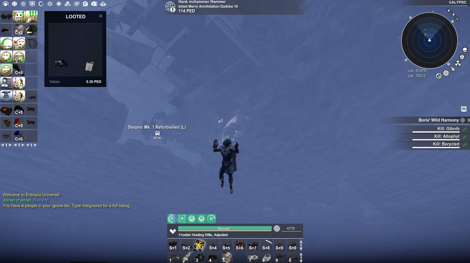 An avatar underwater with a looted item displayed in the UI, showing a value of 0.36 PED. The inventory and map elements are visible, emphasizing the underwater environment.