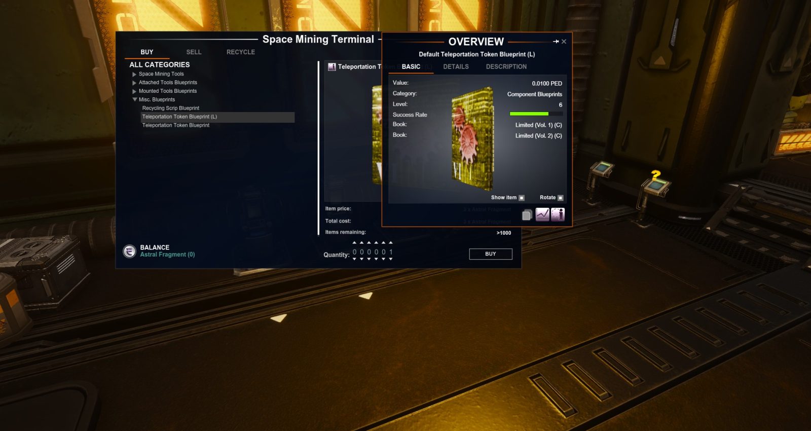 A screenshot of the Space Mining Terminal interface in Entropia Universe, showing the overview of a Teleportation Token Blueprint (L) with details like item price and balance. The background features metallic surfaces and warm lighting.