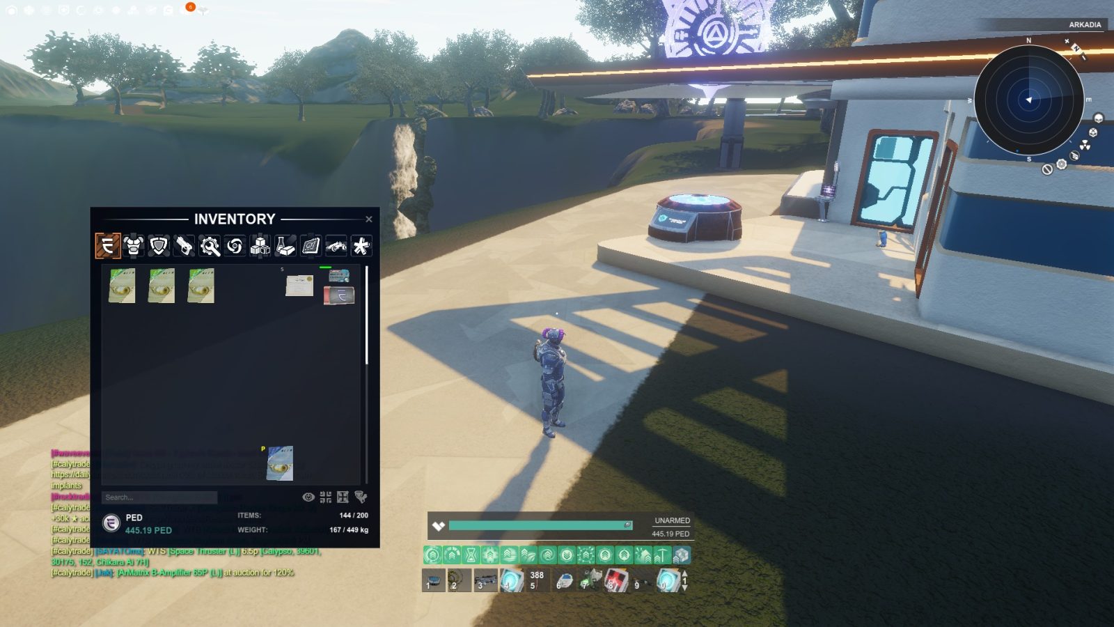 A player avatar in a metallic suit stands on a platform near a futuristic building with an open inventory interface displaying items and currency. Trees and a cliff are visible in the background under bright lighting.