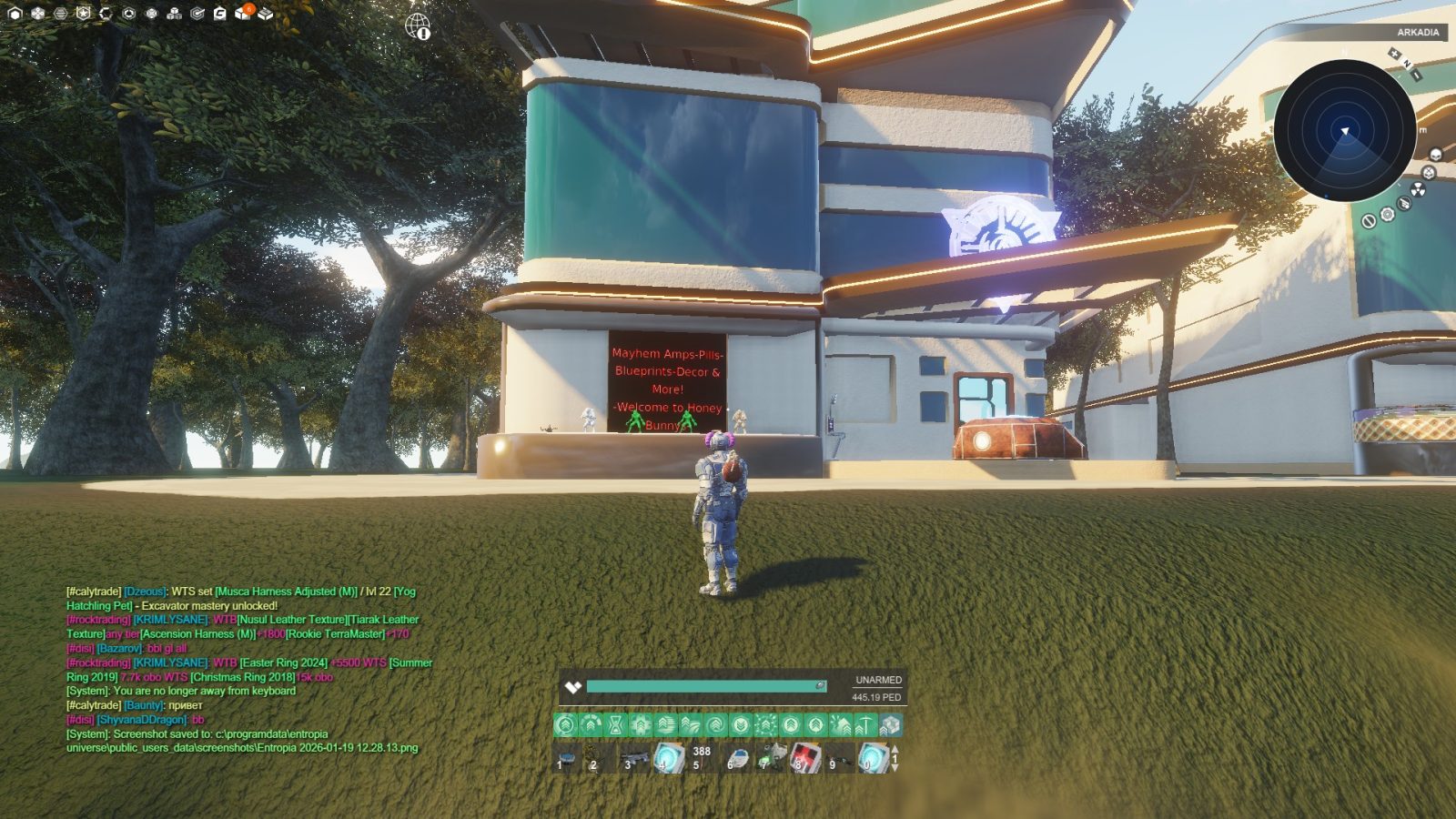 An avatar in a detailed suit stands in front of a shop called 'Honey Bunny' with a display of items. Lush trees are visible in the background, and the user interface shows inventory details.