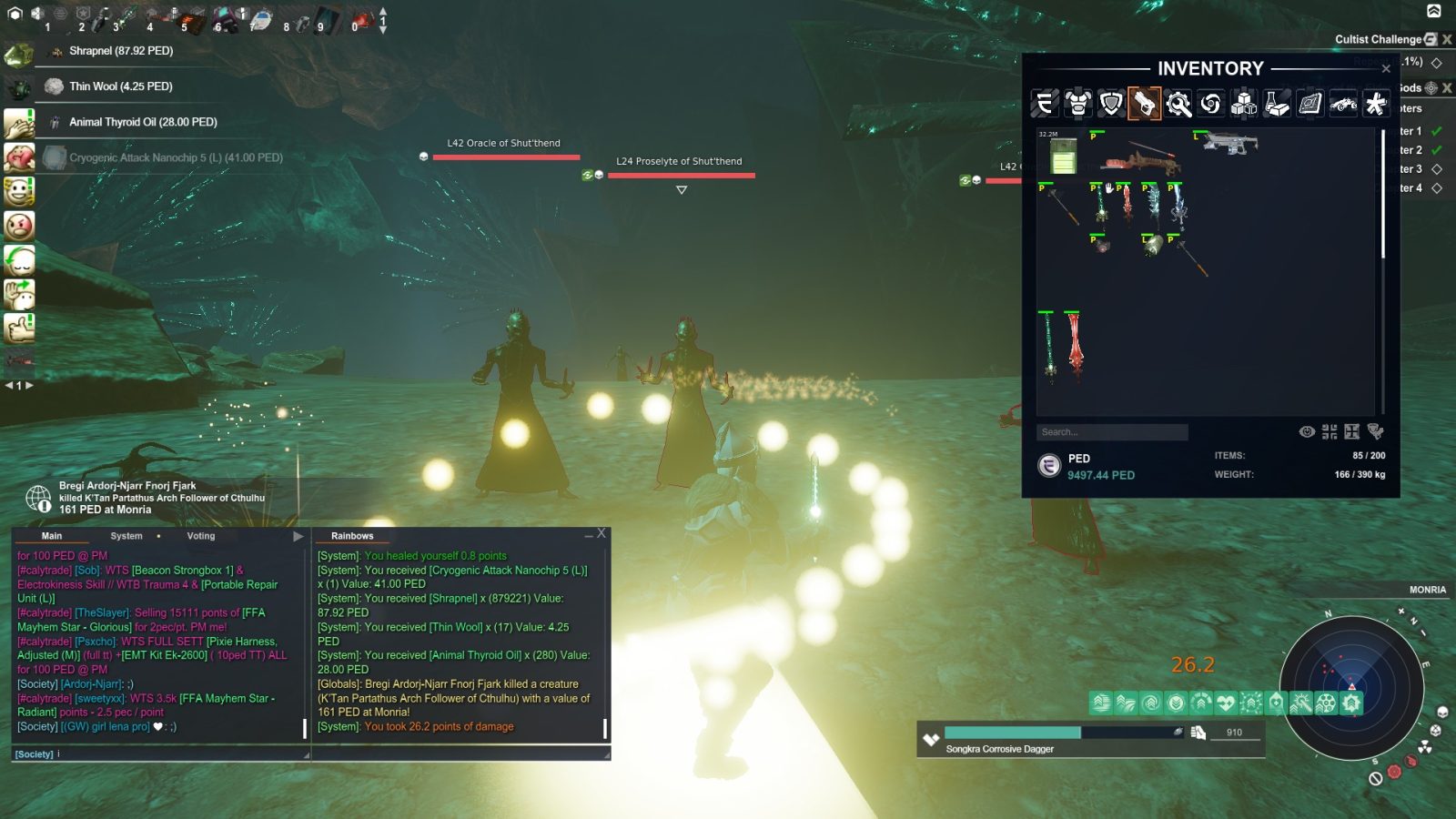 An avatar in a dark underwater cavern on Monria, facing two hostile entities. The avatar wields a Songkra Corrosive Dagger. An inventory interface is visible on the right, displaying items and their values.