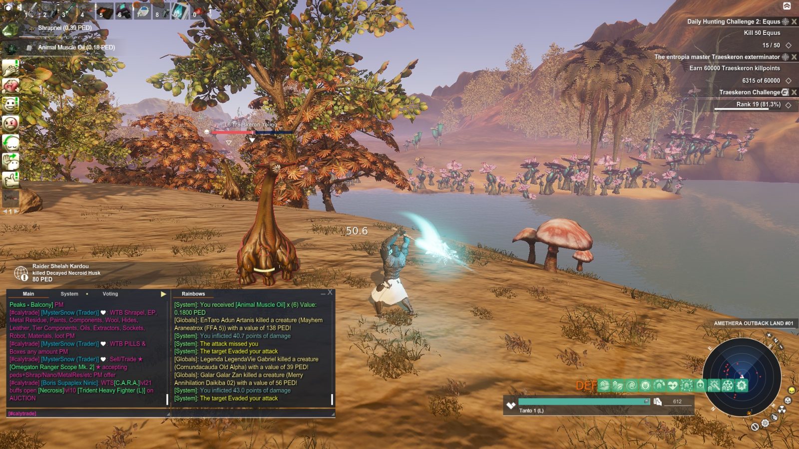 An avatar in white attacks a Traeskeron Young in a colorful landscape with pink mushrooms and trees. The UI shows health points and inventory.