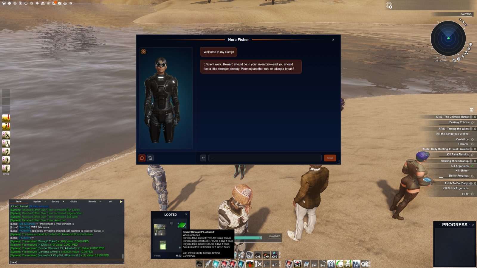 A sandy beach with avatars gathered around. Nora Fisher appears in a dialogue box welcoming players. UI elements show chat log and loot notifications.