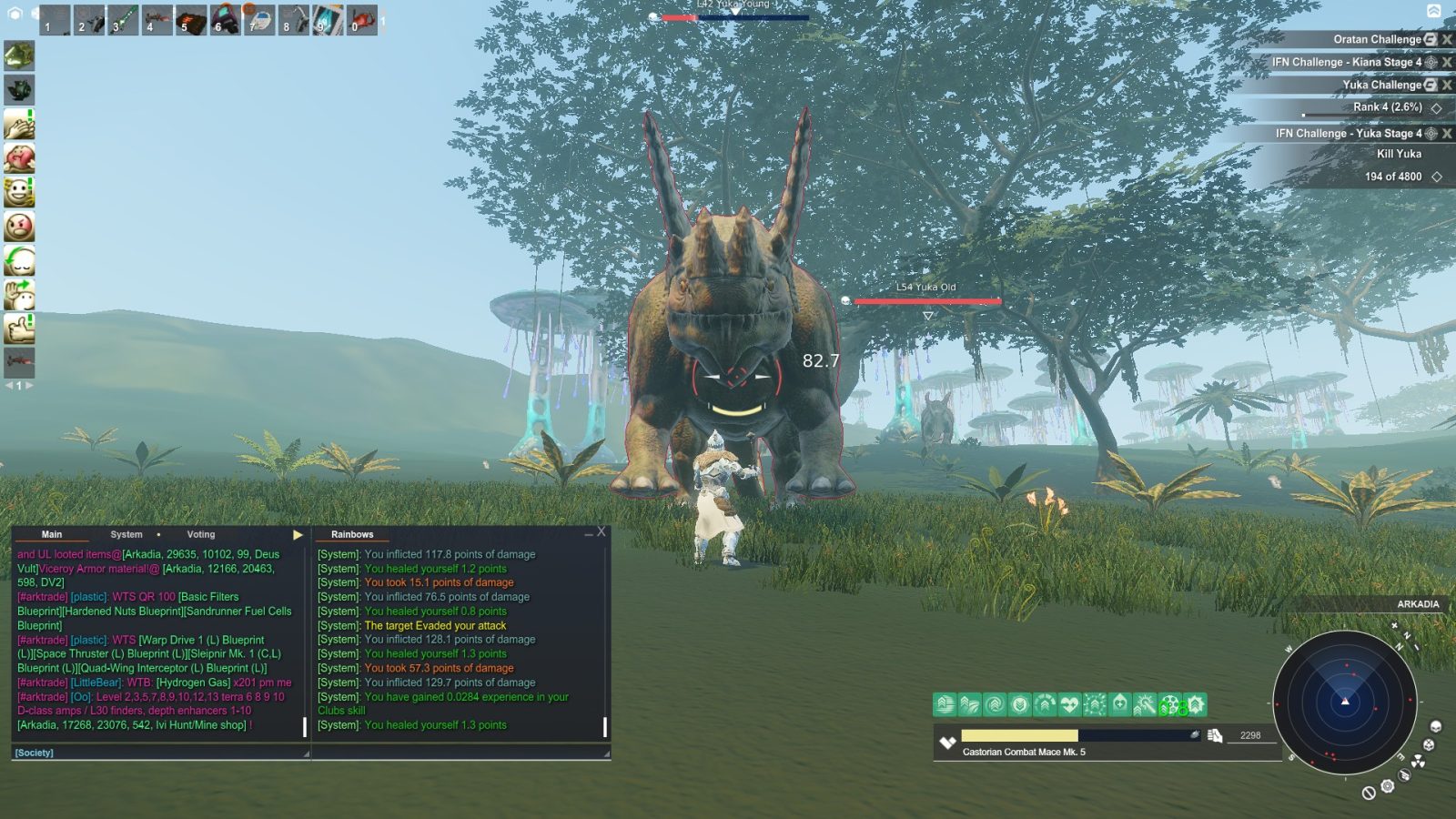 A player in white armor faces a large Yuka Old creature in a green landscape with glowing mushrooms. The UI shows combat statistics and a weapon equipped.