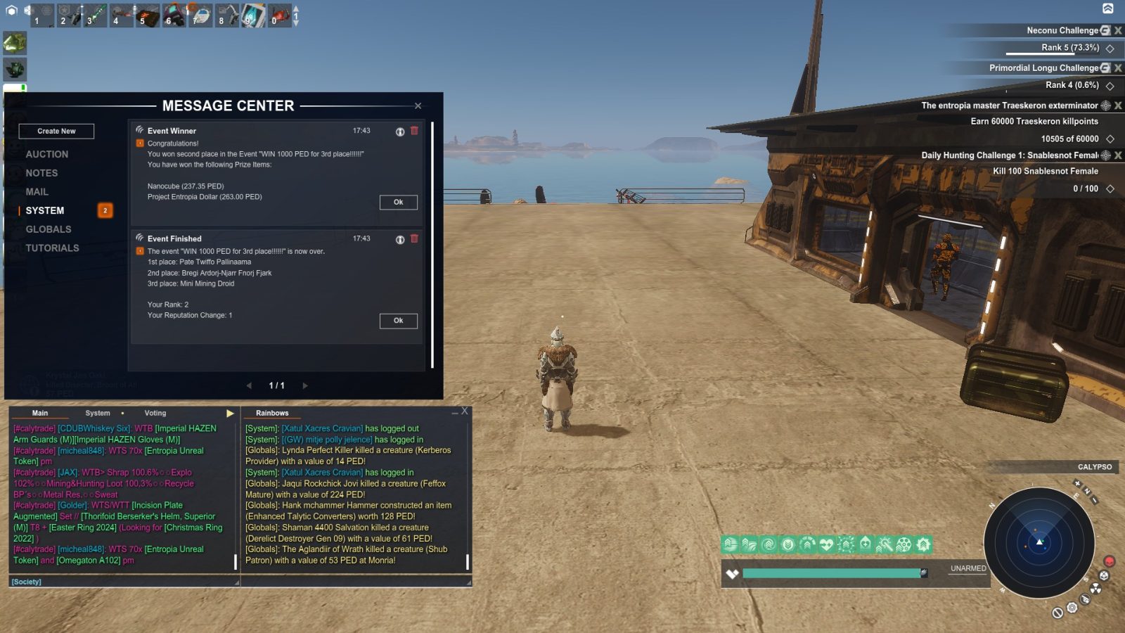 A player in a game stands on a sandy area next to a building with large windows, viewing a calm water body. The user interface shows a message center detailing event results and prizes, with a clear sky in the background.