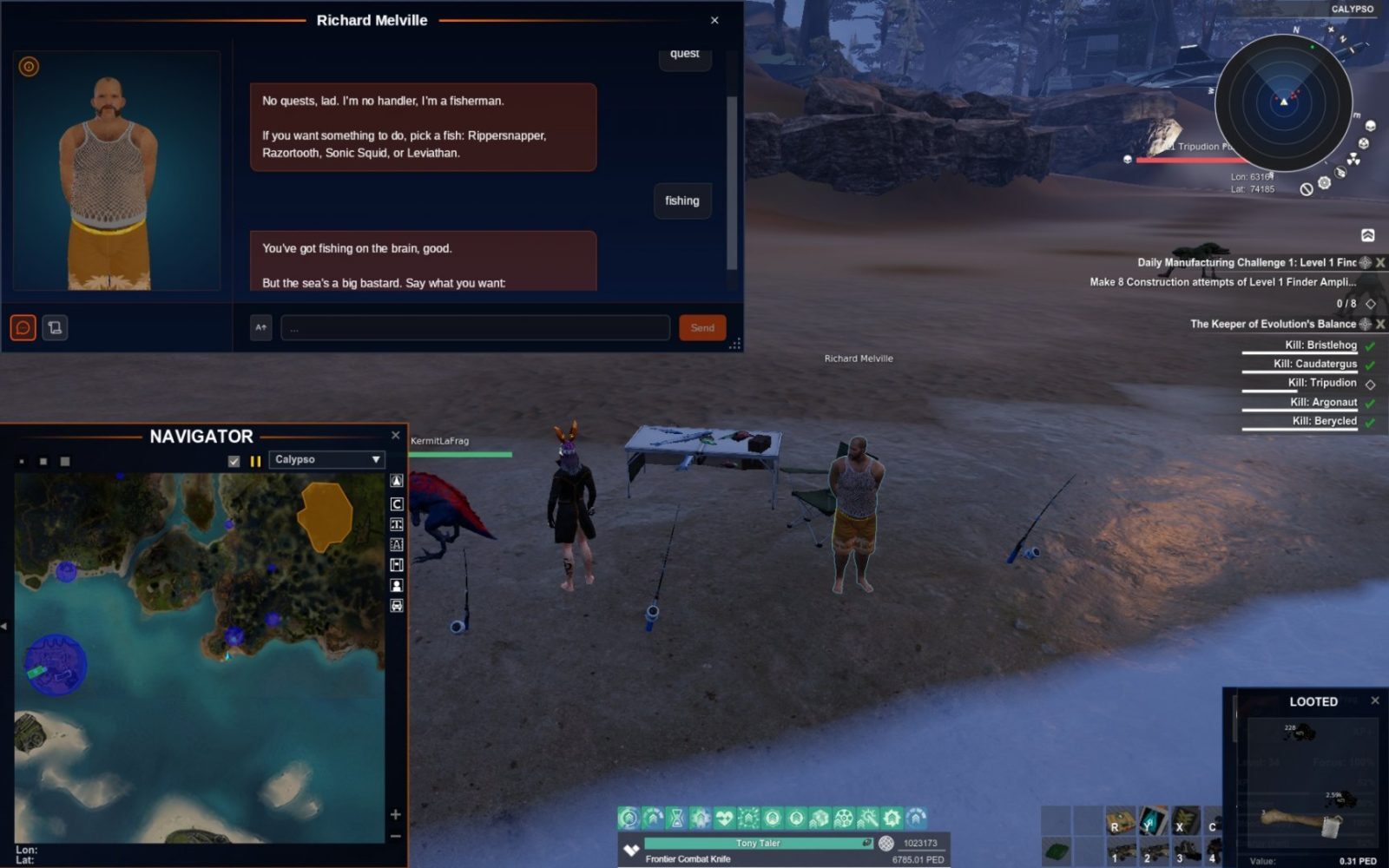 A character talks to Richard Melville about fishing options in Entropia Universe.