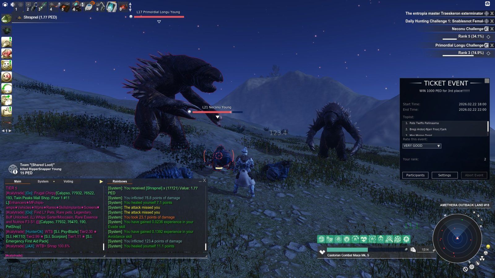 A combat scene at night in Entropia Universe, featuring an avatar in white armor fighting a Primordial Longu Young and a Neconu Young, with a detailed UI showing combat stats and event information.
