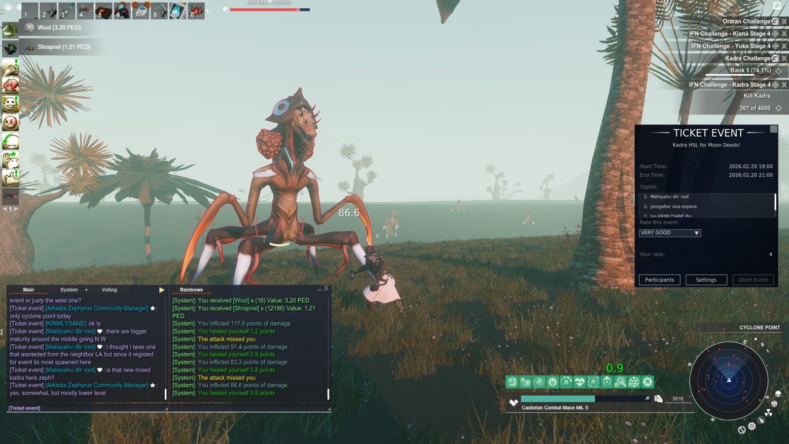 A Kadra Stalker alien creature is in focus, with a player character nearby. The environment features palm-like trees and other avatars in the background. The user interface shows health stats and system messages related to combat.