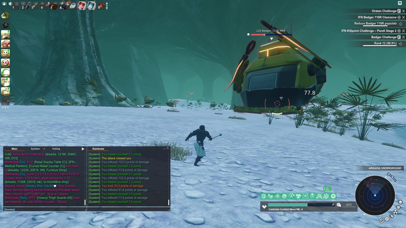 An avatar in dark clothing runs towards a L26 Badger in a snowy underground area. A yellow and black vehicle is visible in the background. User interface elements show health stats and combat information.