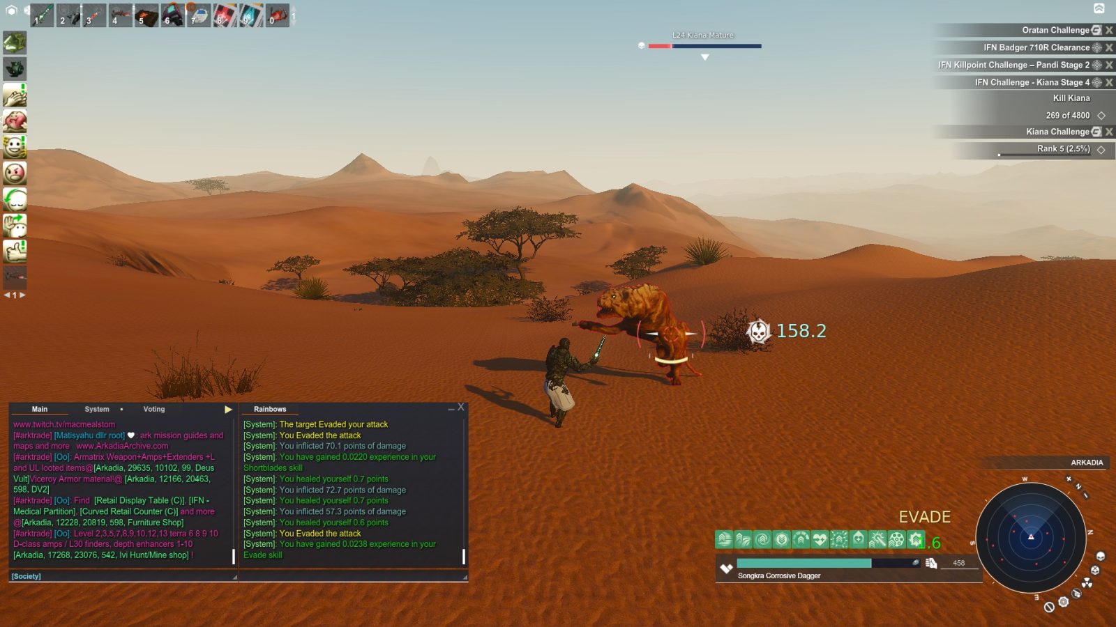 A player in a desert landscape fights a Kiana Mature creature, wielding a dagger. The environment features sandy dunes and sparse bushes, with a health bar visible above the creature.
