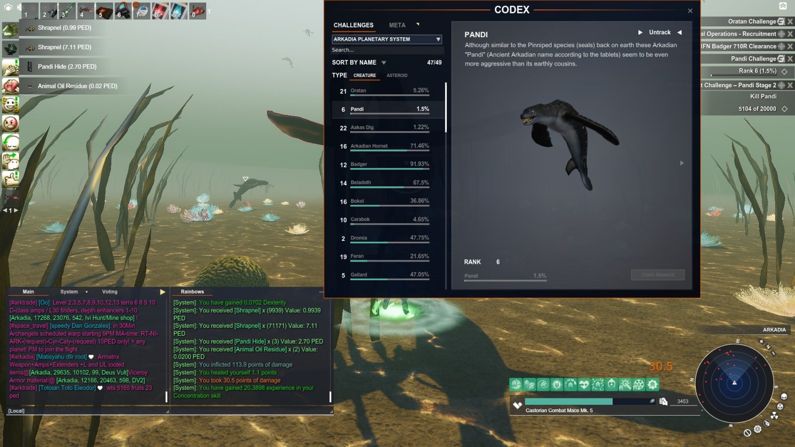 Underwater scene in Entropia Universe showing aquatic plants and corals, with a Pandi creature displayed in the Codex interface. UI elements include player stats and inventory items.