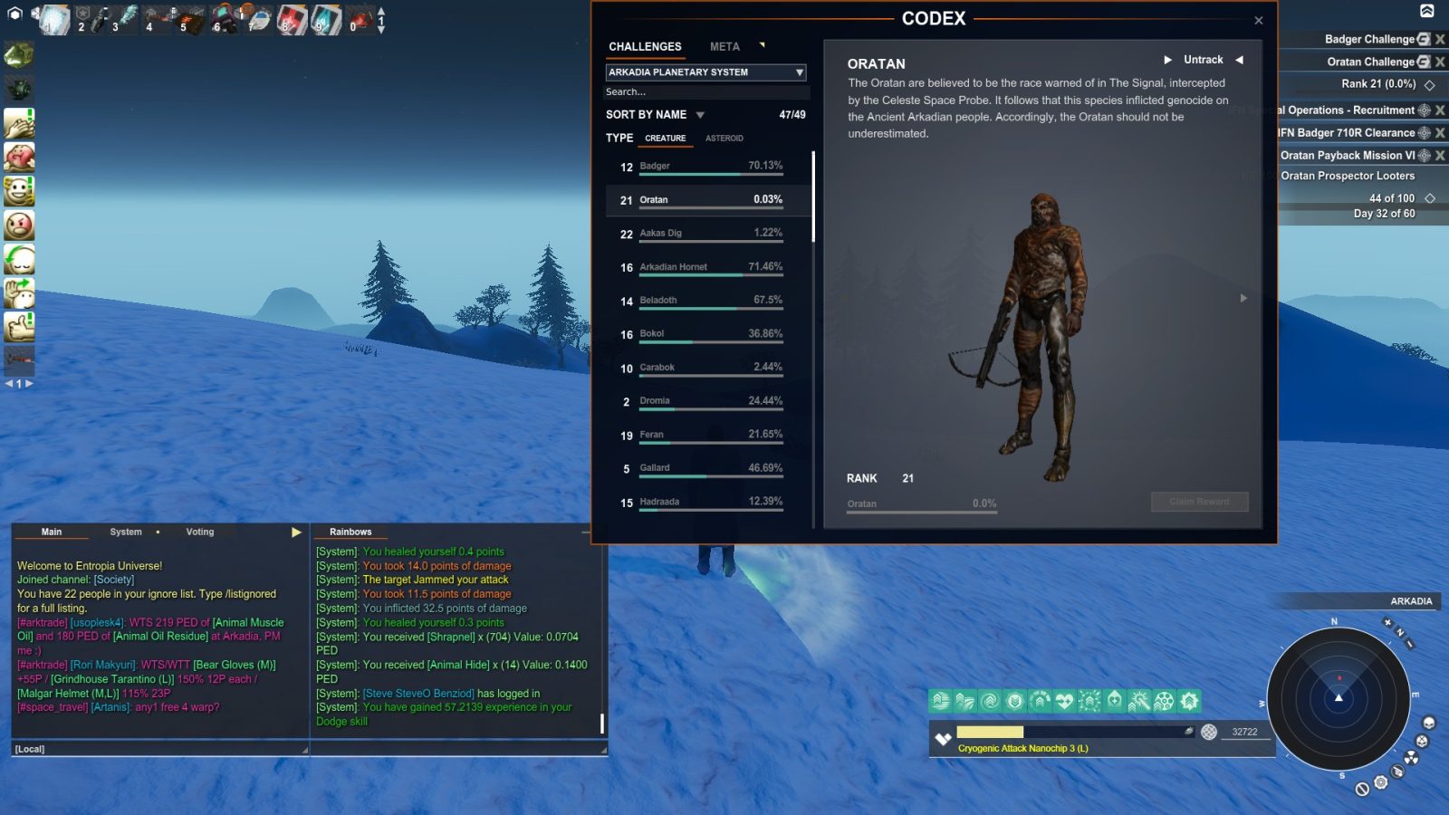 A snowy environment on Arkadia with hills and trees, displaying the Codex interface for the Oratan creature. The UI includes health points and recent messages, with a twilight sky.