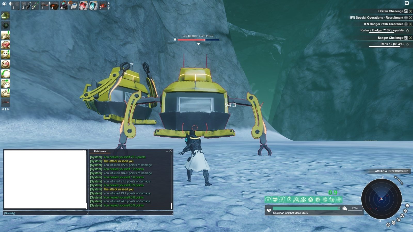 An avatar in a snowy landscape near two yellow robotic vehicles labeled L32 Badger 710R MK10, with UI elements showing health and damage statistics.