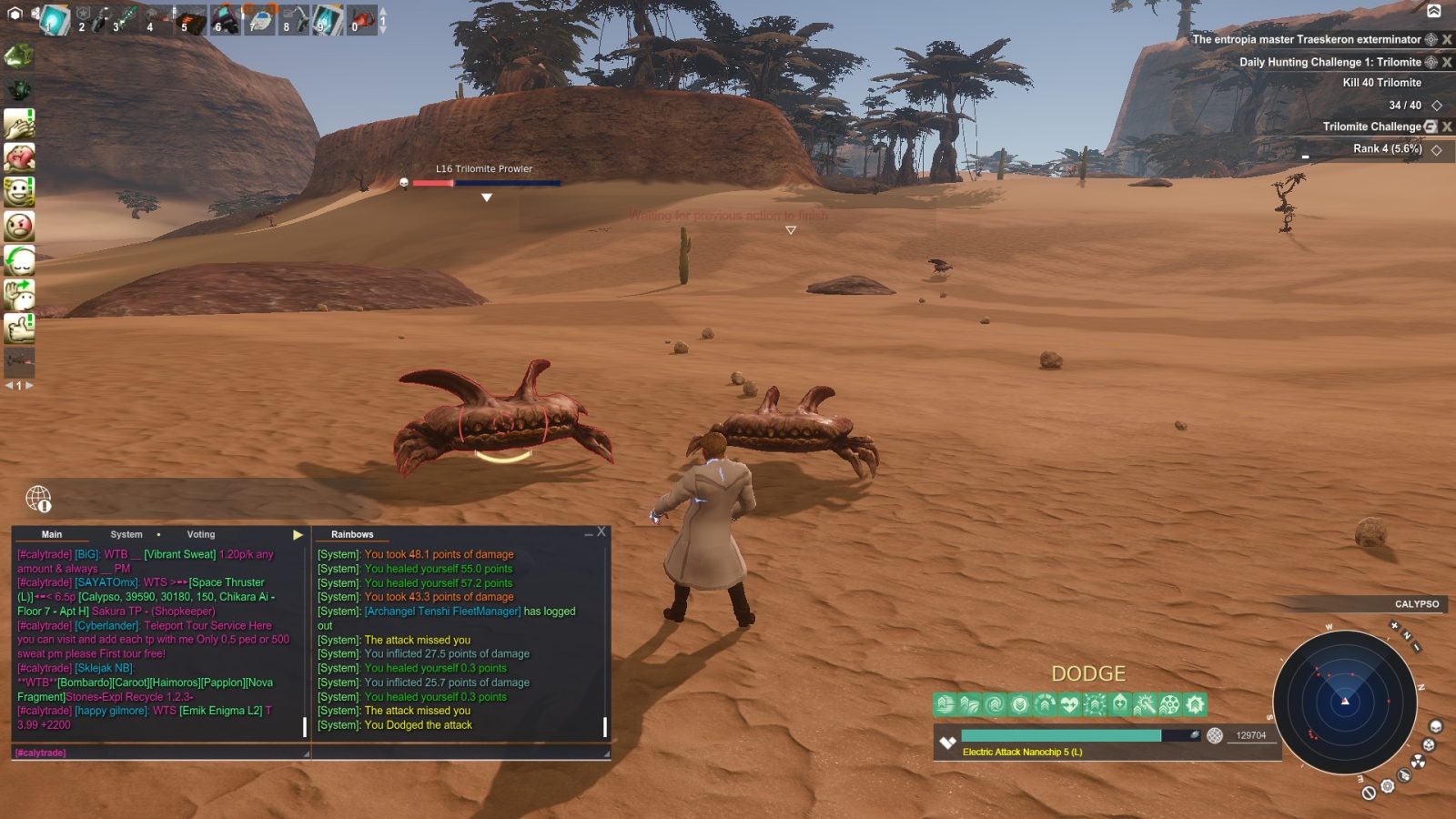 A player in a long coat stands in a desert, facing two Trilomite Prowlers. The environment is sandy with sparse vegetation and rocky formations. The user interface shows health points and a challenge to hunt Trilomites.