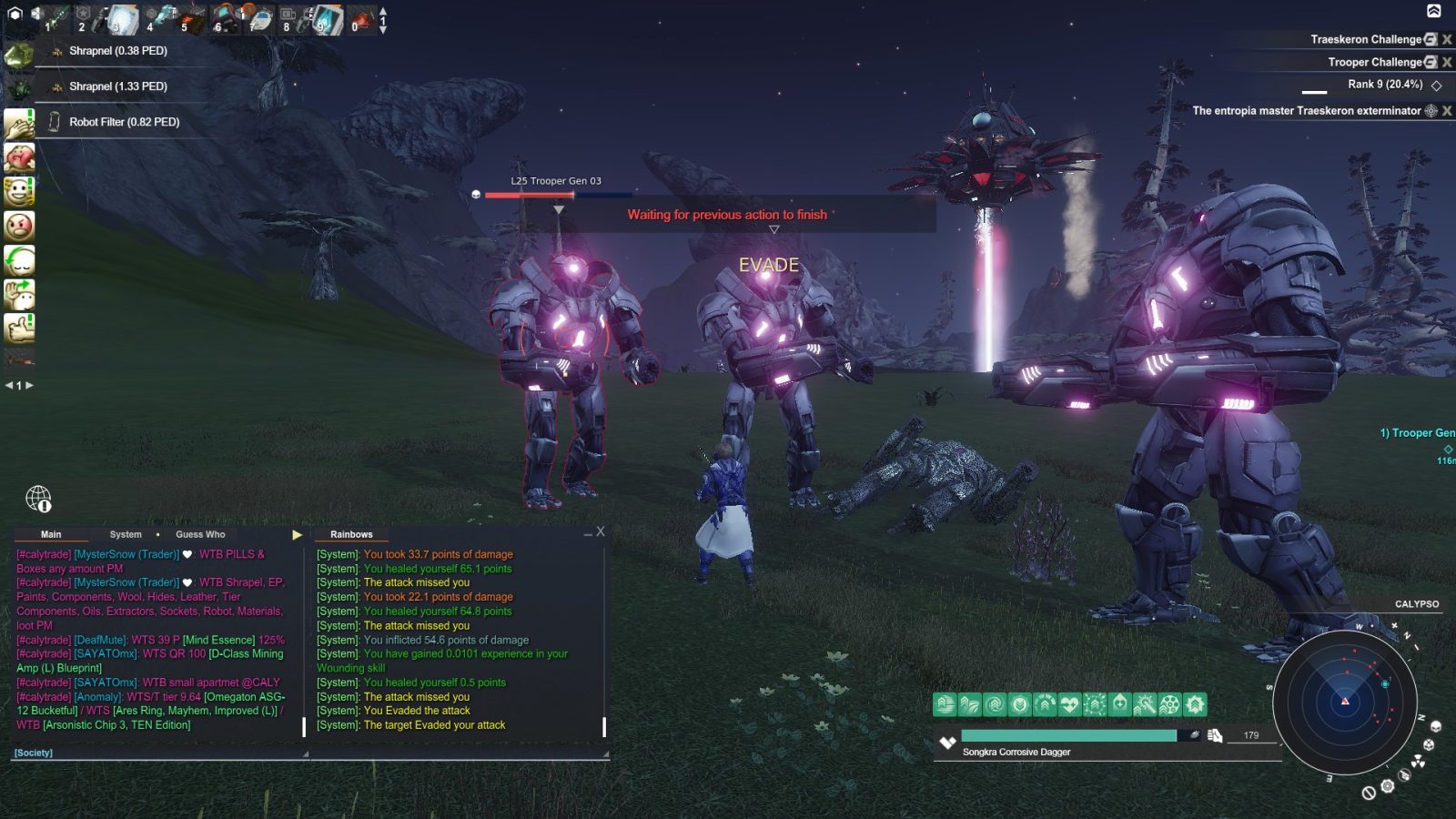 A player avatar in blue armor stands between two Trooper Gen 03 robots in a grassy landscape, with a hovering vehicle above. The UI shows health stats and combat messages.
