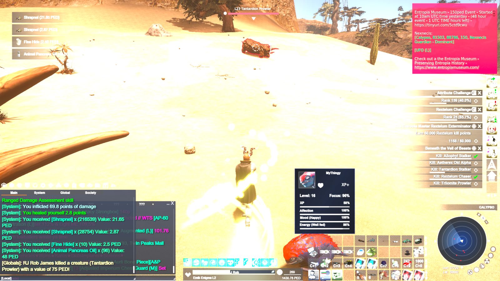 A desert environment with a Tantarion Prowler creature in the background and an avatar in the foreground. The avatar wears a cape and is surrounded by glowing effects. Various UI elements show combat details and inventory items.