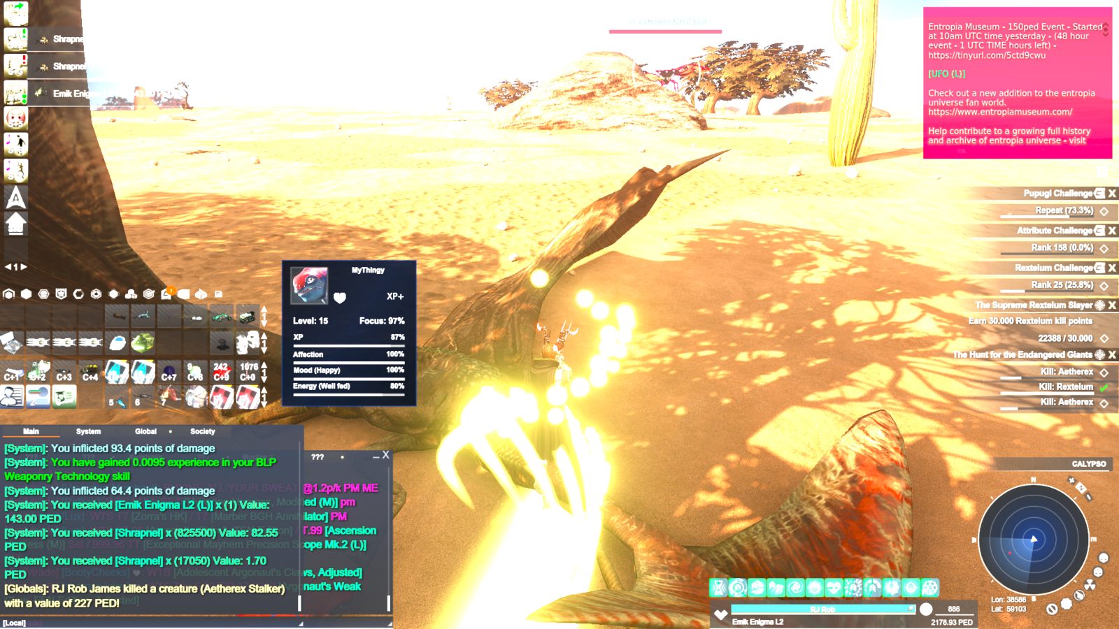 A bright sandy landscape with an avatar standing over a defeated Aetherex Stalker. The user interface shows experience points and event notifications.
