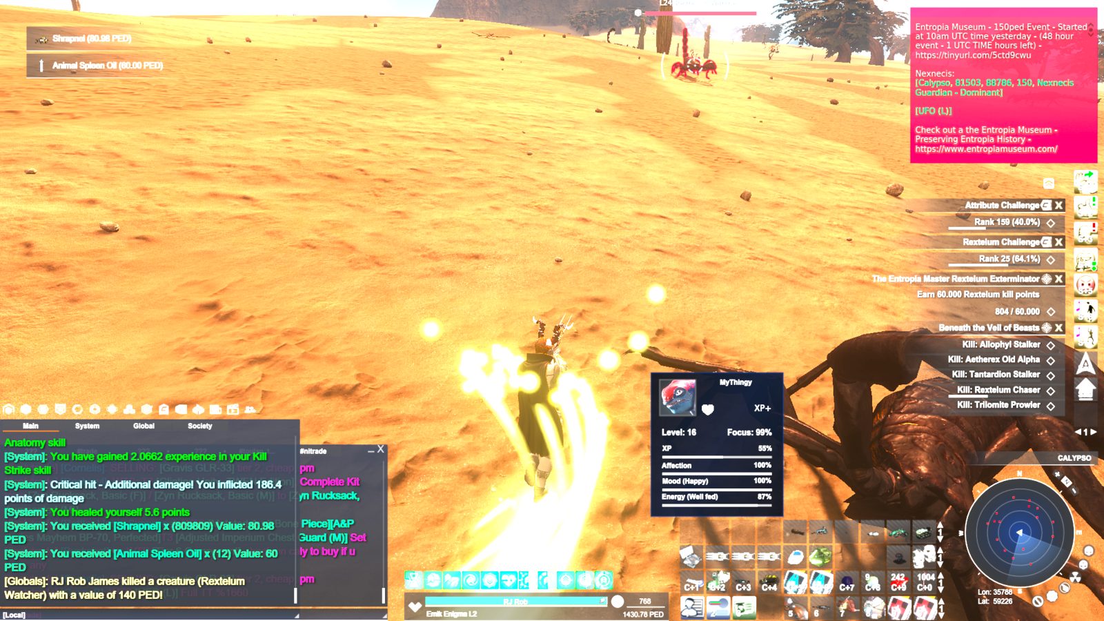 An avatar in a sandy desert area with glowing effects, near a defeated Rextelum Watcher. UI elements show notifications about items and skills gained.