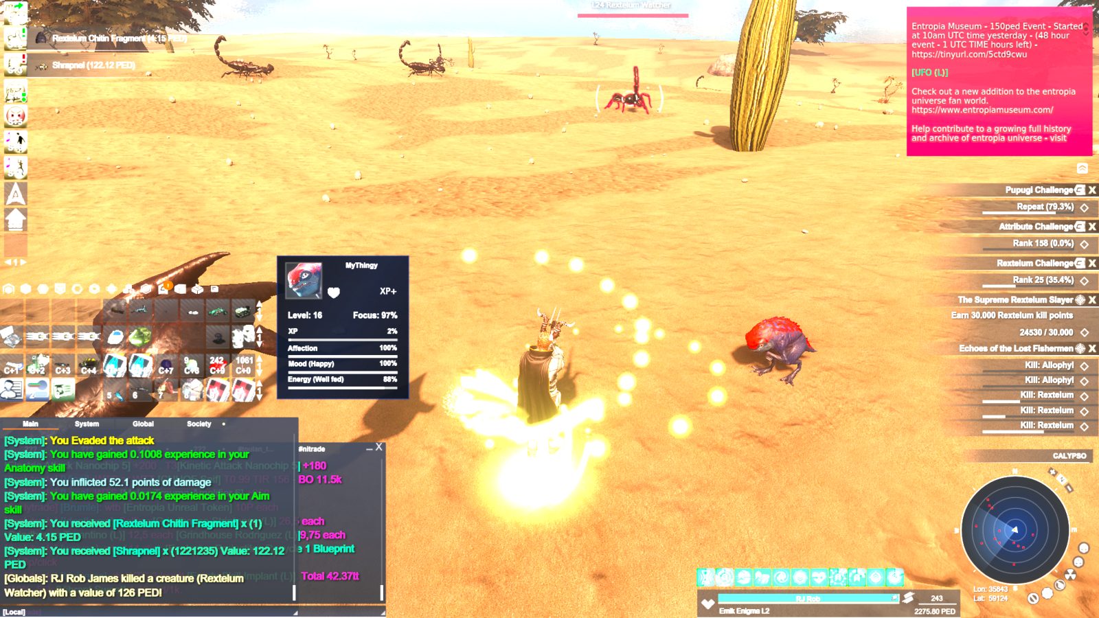 A player avatar in a cape stands in a sandy desert, near a small red creature and a larger Rextelum in the background. The user interface shows experience points, inventory items, and a map.