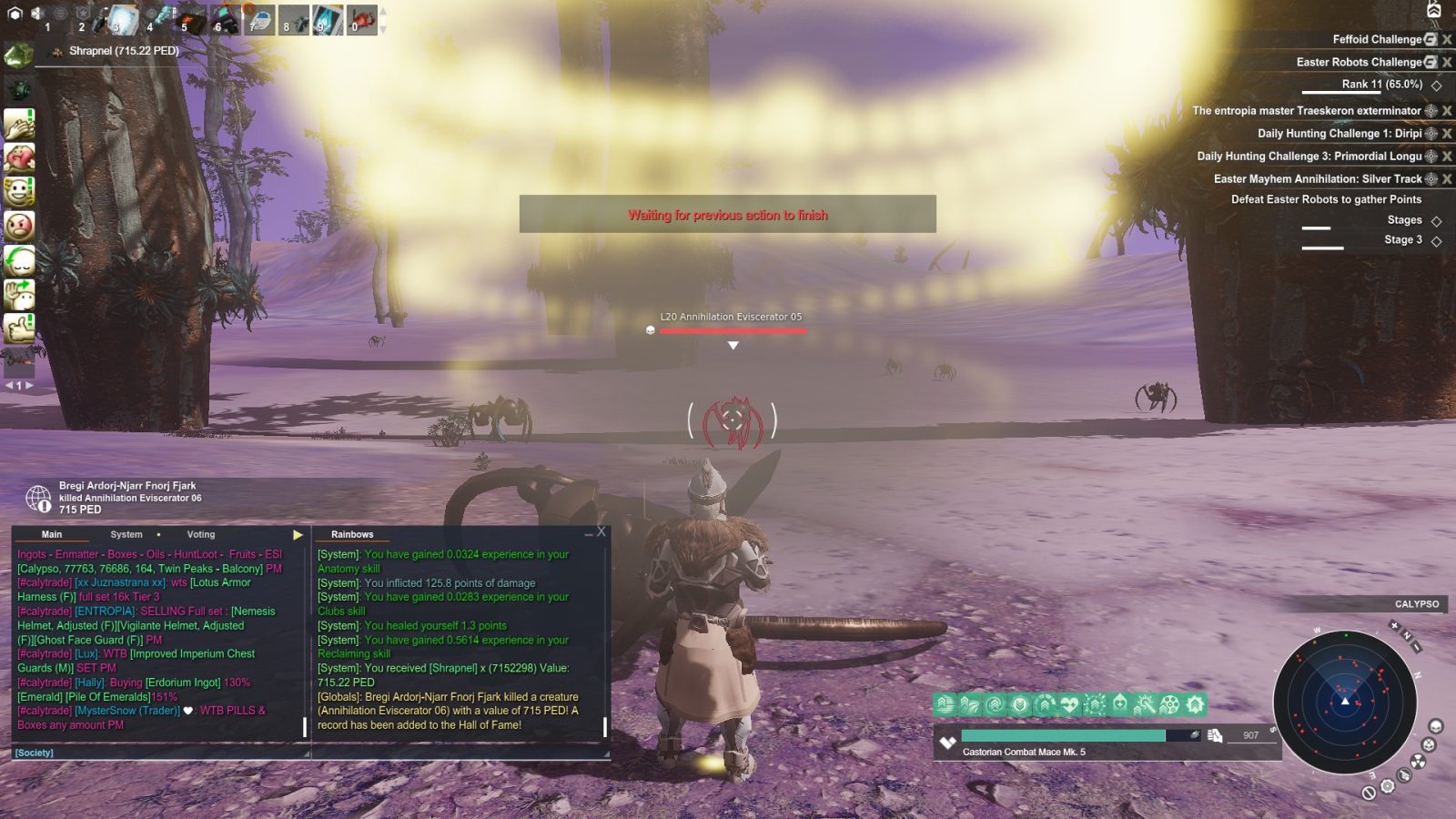 A player in armor stands in a barren landscape, targeting a creature called Annihilation Eviscerator 05. The sky is purple, and various UI elements display health and weapon information. Nearby, smaller creatures can be seen, and the atmosphere is tense.