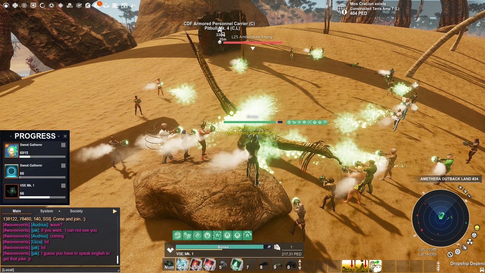 A desert scene in Entropia Universe with avatars gathering sweat from an Ambulimax Young near a CDF Armored Personnel Carrier. Avatars are using green energy blasts, and a chat interface is visible at the bottom of the image.