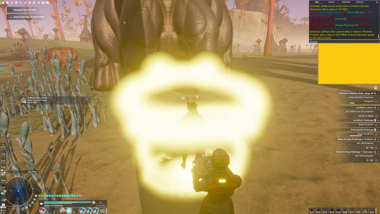 A player in a futuristic outfit aims a weapon at a large zombie creature in an alien landscape with unusual plants and hills. The UI shows health stats and mission objectives, with a glowing effect around the player.