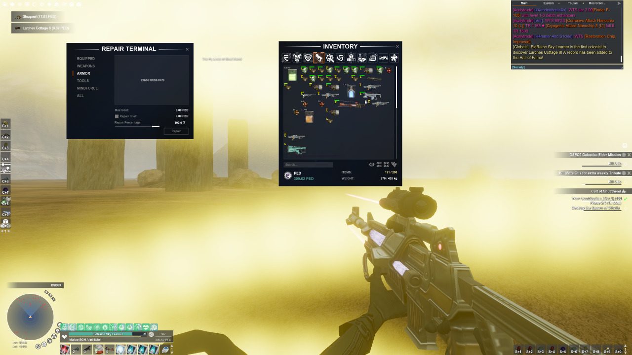An avatar holding a weapon in a sandy area with stone structures. UI displays a repair terminal and inventory items.