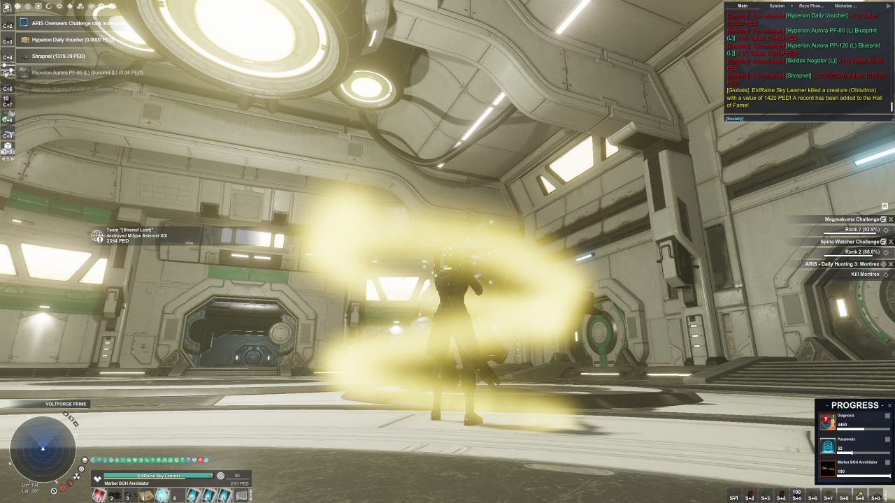 An avatar in a futuristic facility surrounded by a golden swirl effect, with a detailed user interface displaying challenges and progress.
