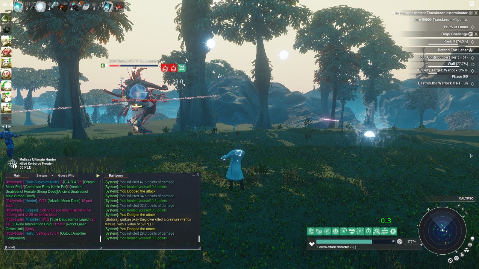 An avatar in a blue coat stands in a green landscape facing a large mechanical Warlock creature. The user interface shows health bars and damage statistics, with trees and mountains in the background.