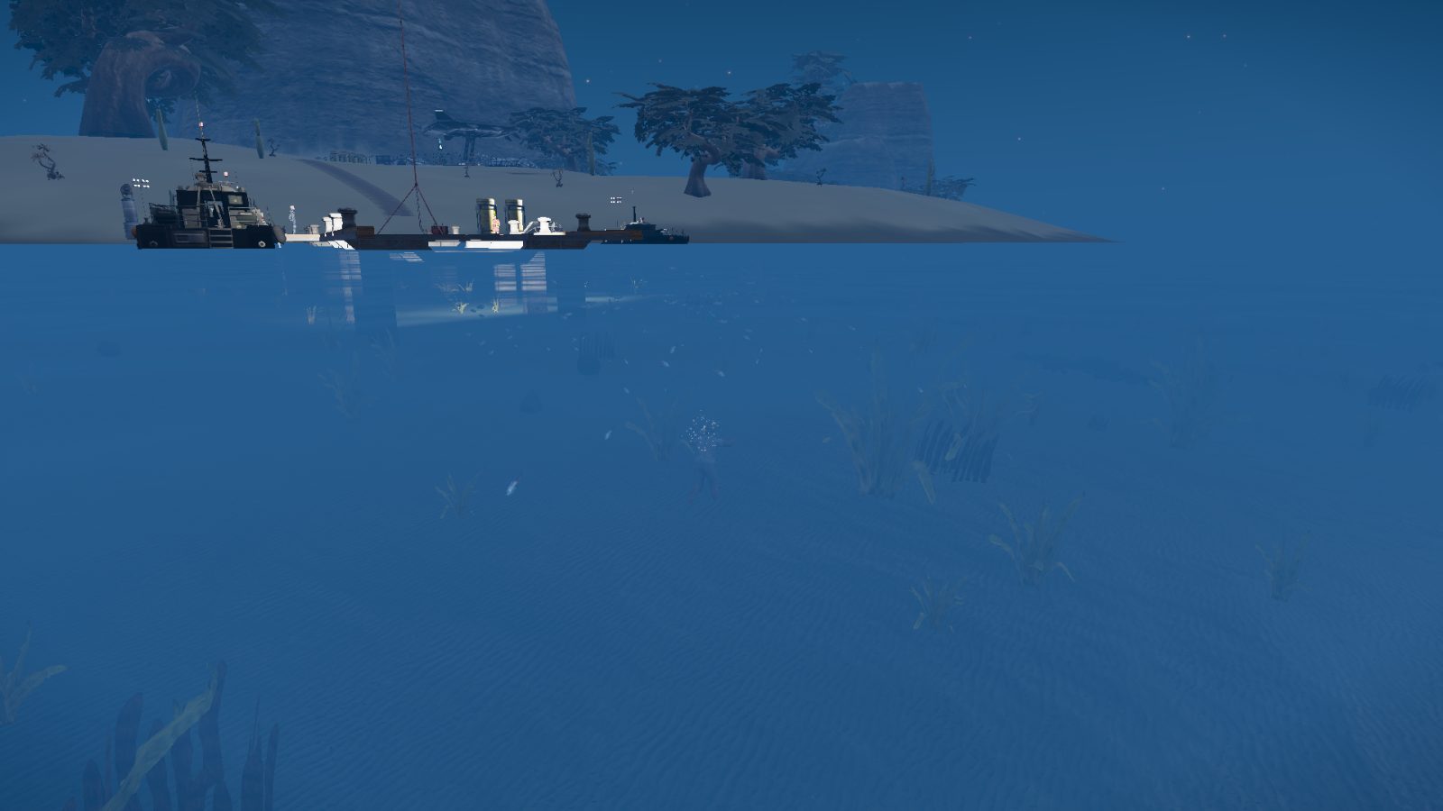 An underwater view showing two boats above the surface, with a shoreline and vegetation visible.